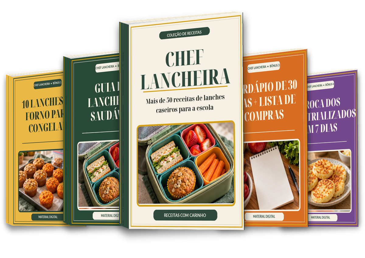 Mockup do kit Chef Lancheira: cinco e-books em 3D em pé, com o livro principal Chef Lancheira — mais de 50 receitas de lanches caseiros para a escola no centro, mostrando uma lancheira aberta cheia de potinhos com muffin, frutas cortadas e mini sanduíche, e as capas dos quatro bônus nas laterais
