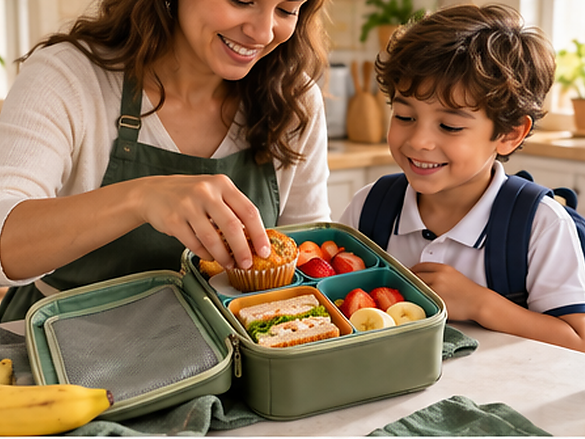 Mãe numa cozinha clara de manhã encaixando potinhos com muffin e frutas cortadas numa lancheira, com o filho de uniforme escolar ao lado, olhando