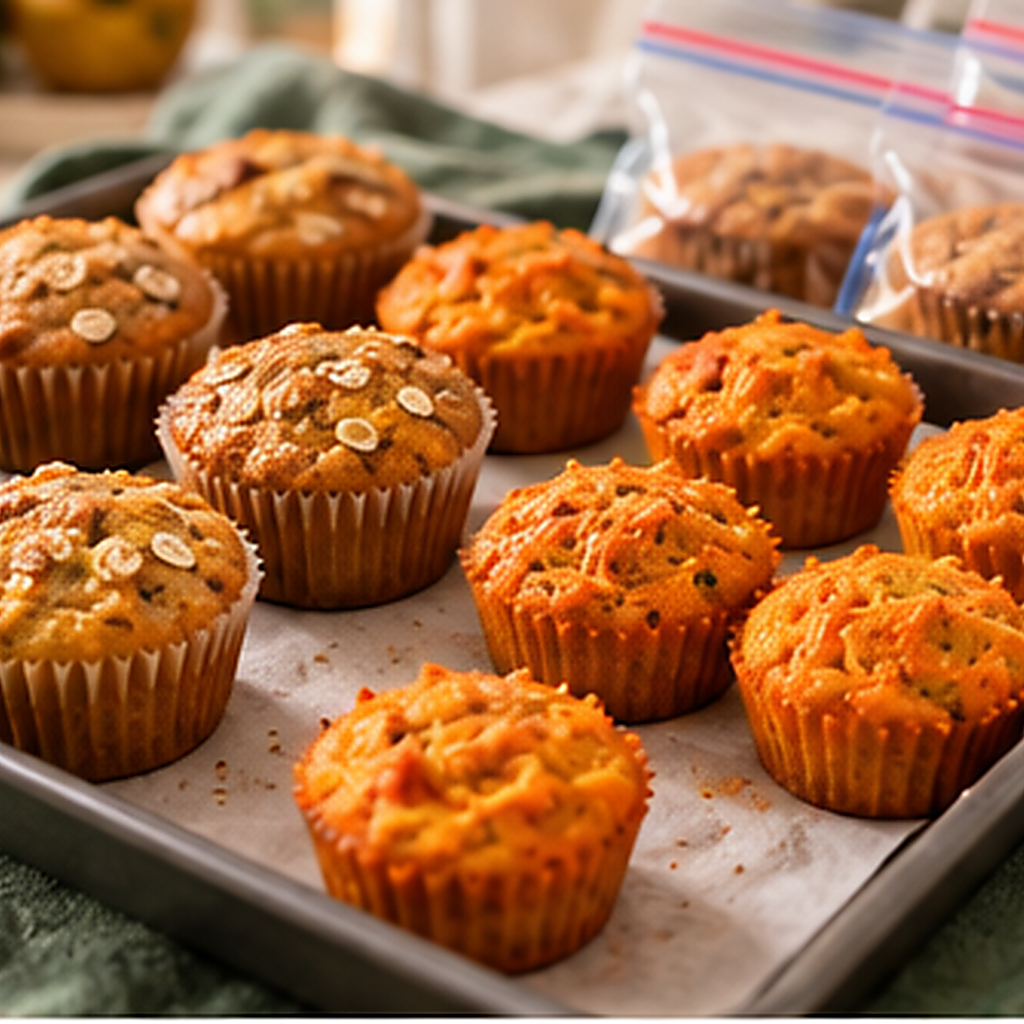 Assadeira com muffins de banana e aveia e bolinhos de cenoura recém-saídos do forno, alguns já em saquinhos para congelar