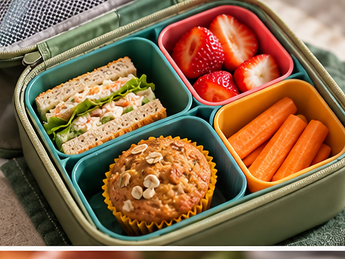 Foto de uma lancheira montada com as porções de lanche separadas por idade da criança