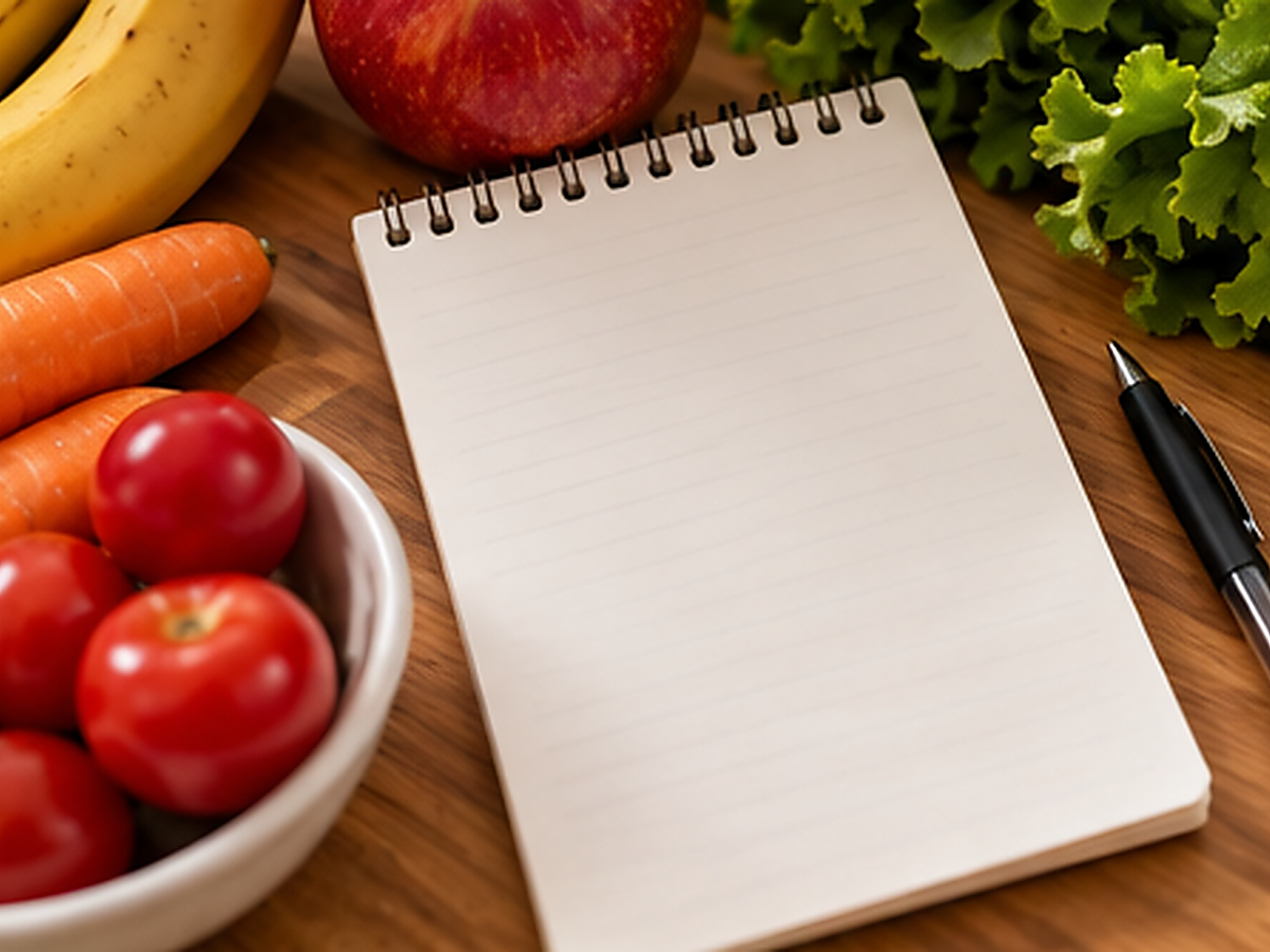 Foto de uma lista de compras sobre a bancada ao lado de frutas frescas