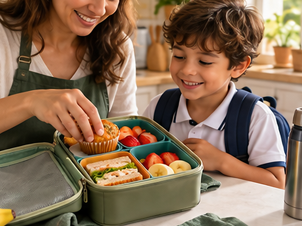 Criança de uniforme no pátio da escola abrindo a lancheira e sorrindo ao ver um bilhetinho junto do lanche