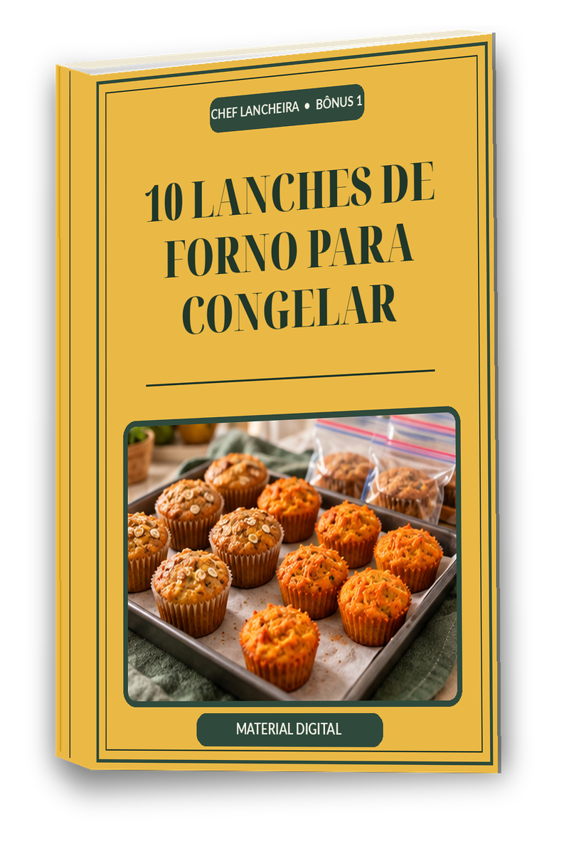 Capa amarela do e-book bônus 10 Lanches de Forno para Congelar, com muffins e bolinhos