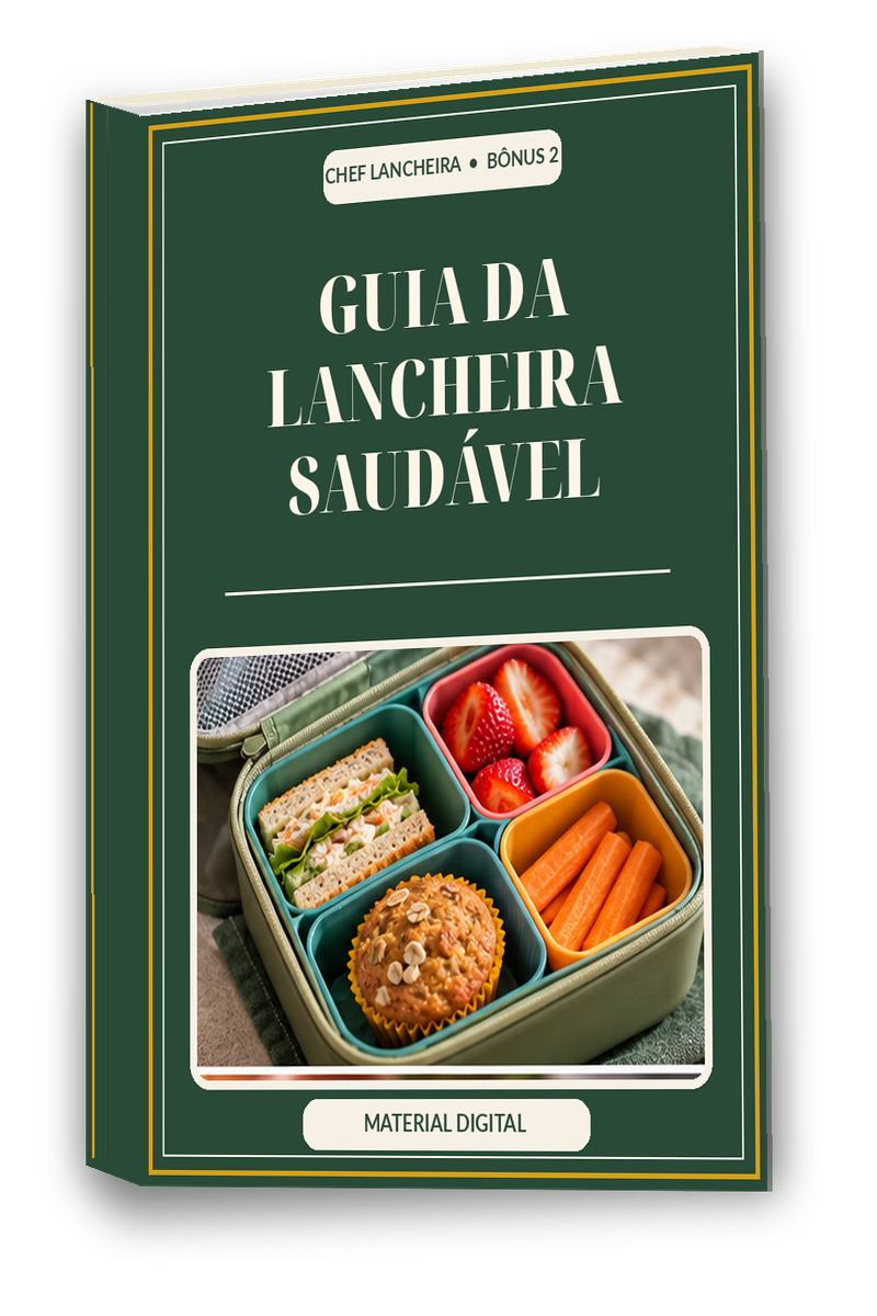 Capa verde do e-book bônus Guia da Lancheira Saudável, com uma lancheira aberta