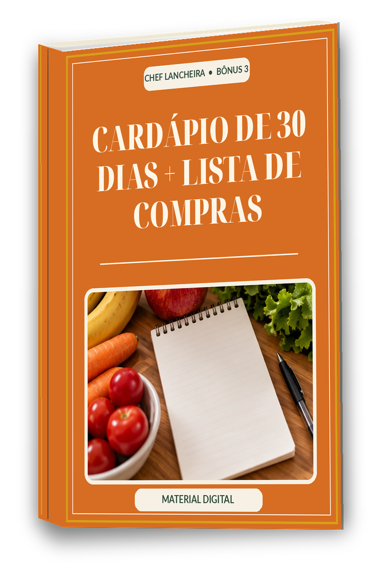Capa laranja do e-book bônus Cardápio de 30 dias mais Lista de Compras, com potinhos de lanche