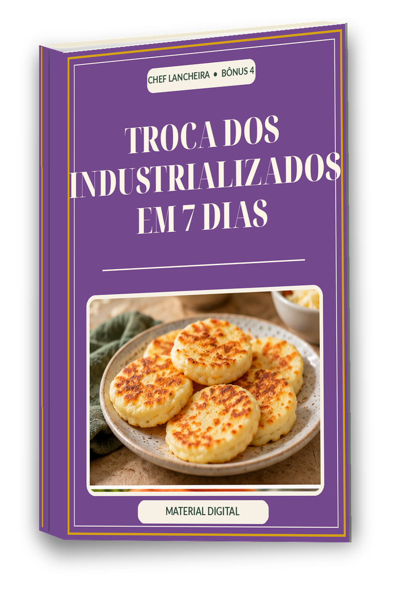 Capa roxa do e-book bônus Troca dos Industrializados em 7 dias, com frutas e um pacote de biscoito riscado